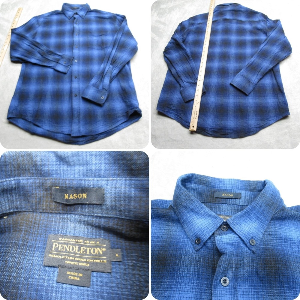Pendleton Mason Shirt Mens Large Blue Plaid Seersucker Button Down Long Sleeve‎